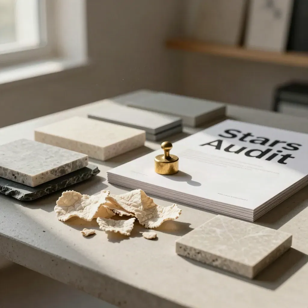 Brand audit materials: paper chips, stone samples, brass weight on a concrete table.