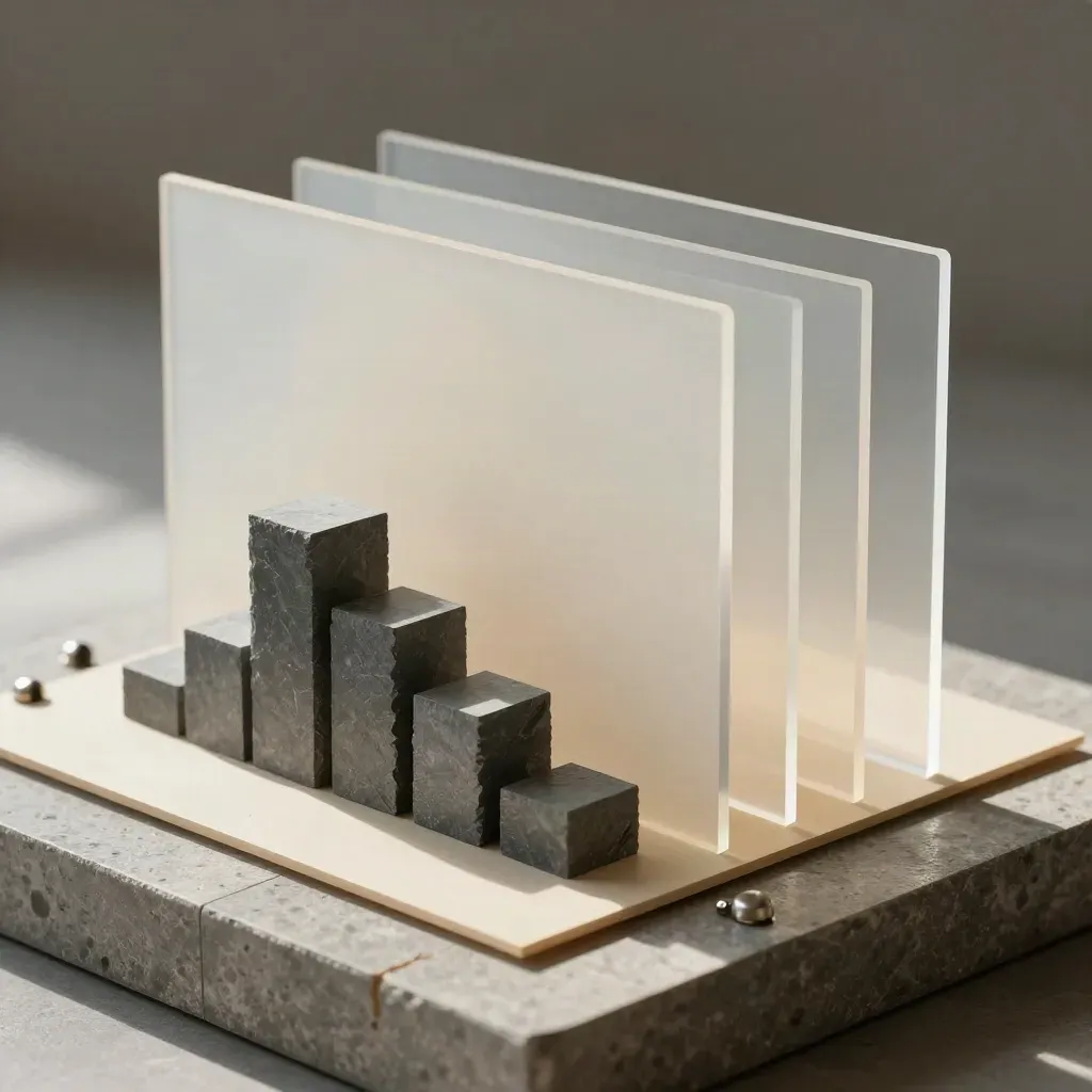 Stone website redesign model with translucent layers and blank panels in dramatic light.