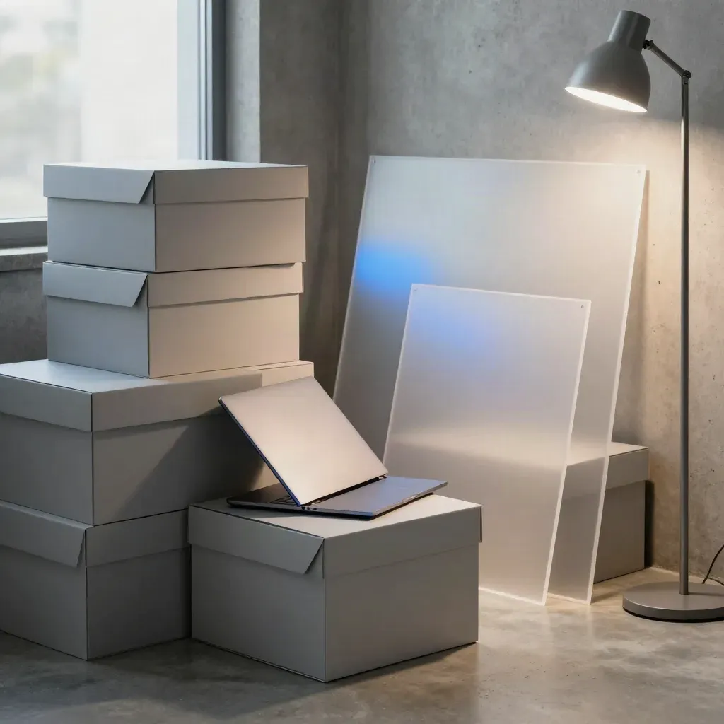 Launch boxes, panels, laptop and lamp in a polished concrete startup corner with blue accents.