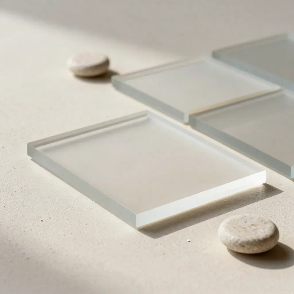 Frosted acrylic name tile pulled forward, ringed by two stone markers on pale plaster.