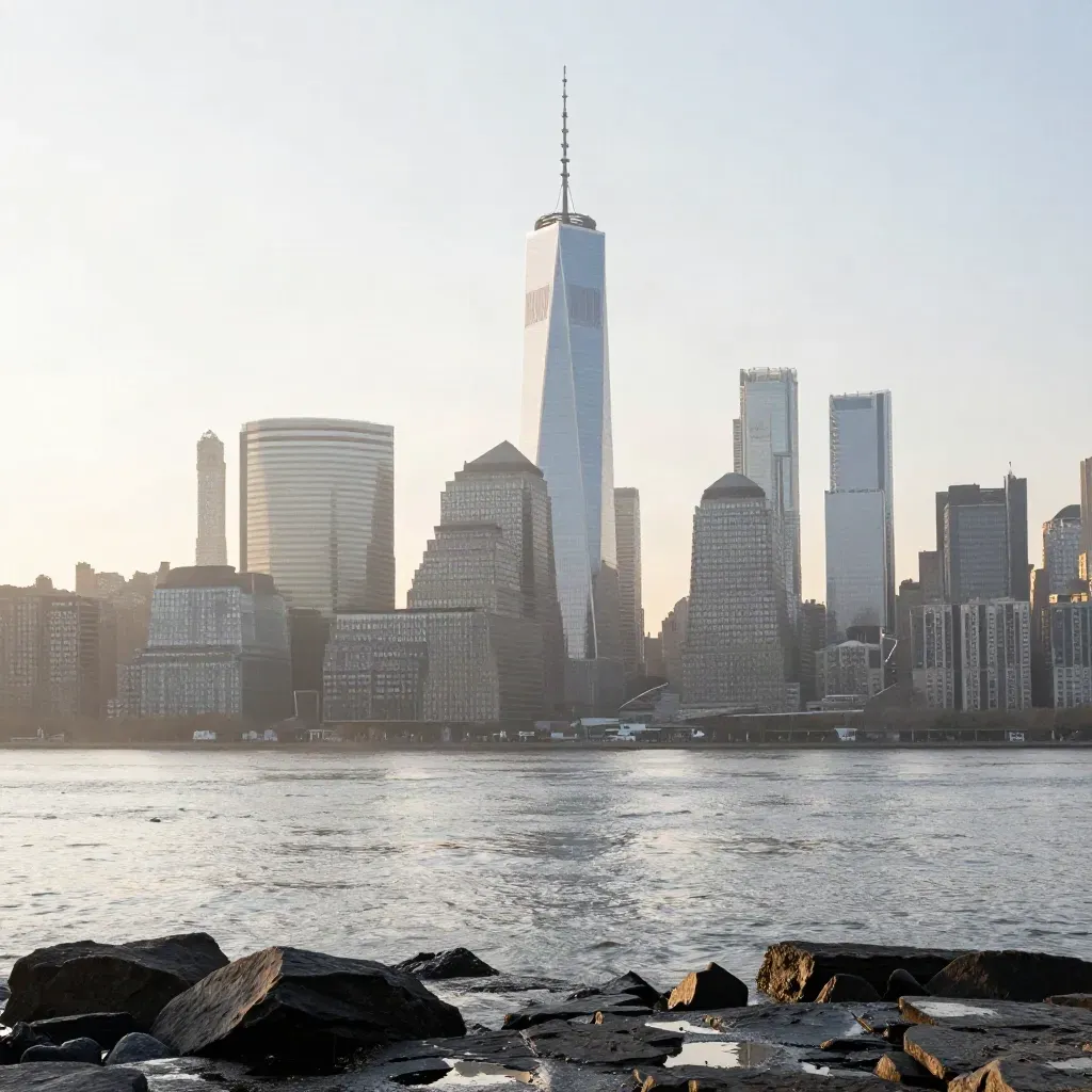 Sunrise over Lower Manhattan above a hazy Hudson and wet waterfront, calm space below for copy