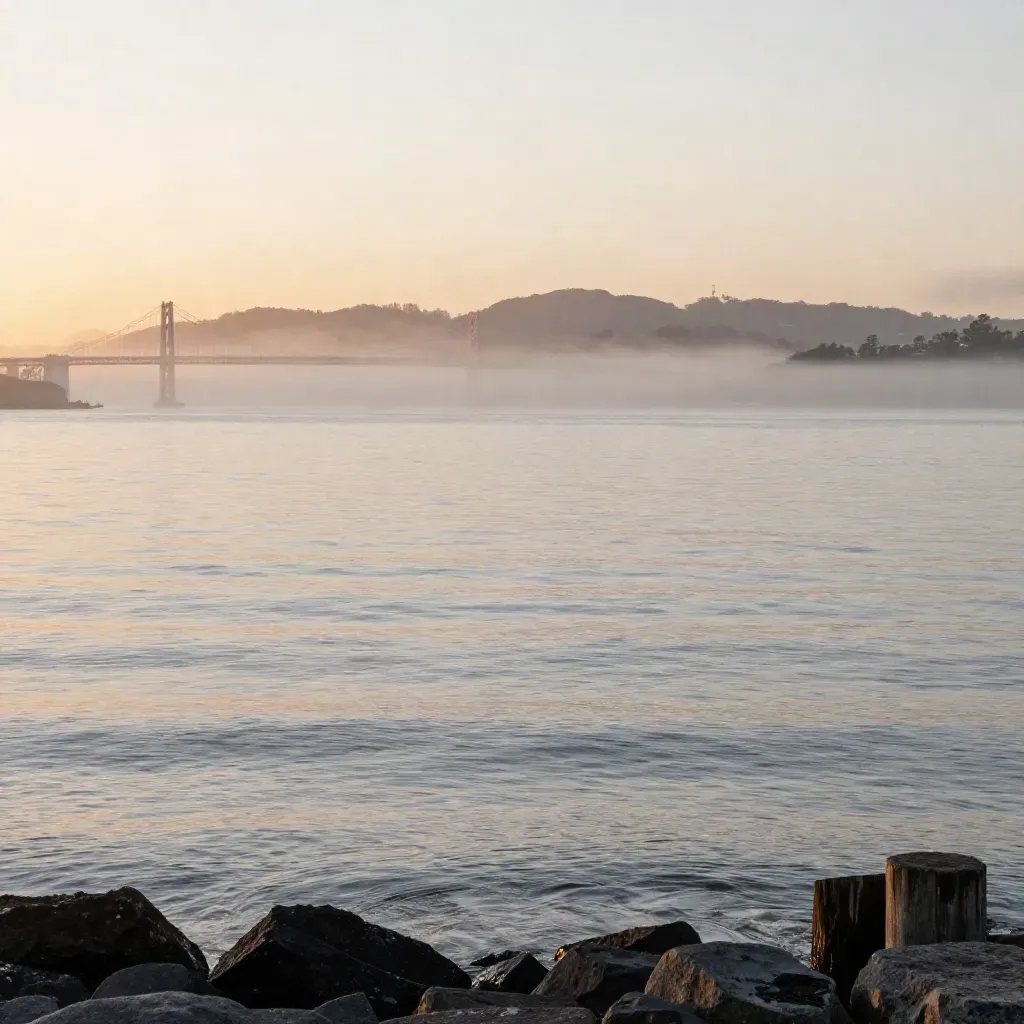 Foggy sunrise over San Francisco Bay with bridge, hills, and silver water